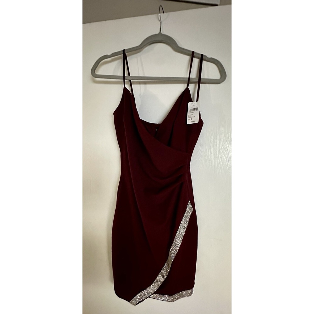 windsor Asymmetrical Dress with Rhinestones V Neck plum burgundy Size Small
